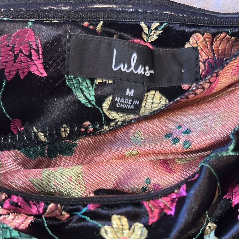 Lulu's Black Floral Strapless Midi Dress with Side Slit - Picture 3 of 5